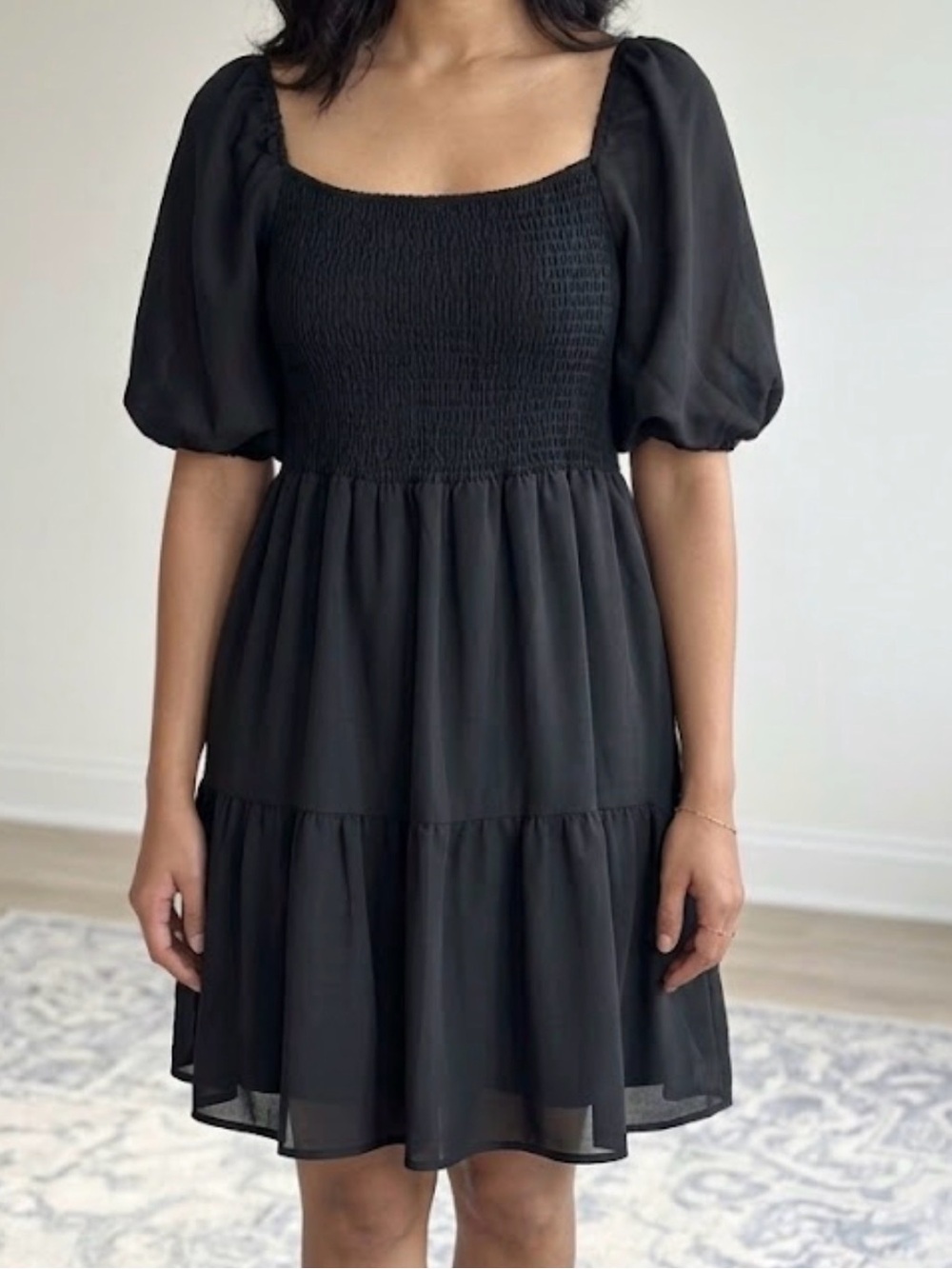 Nanette Lepore Black Smocked Square-Neck Puff Sleeve Dress